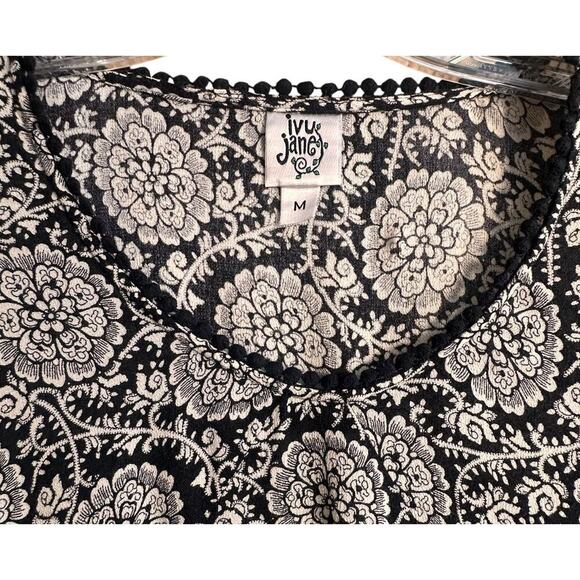 Ivy Jane Black & White Boho Y2K Ruffle Babydoll Retro Tunic Sz M Flutter Sleeves - Picture 3 of 16